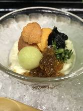 Raw yuba and raw sea urchin with happo dashi jelly