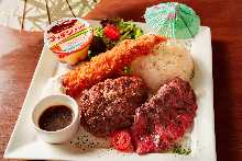 Beef bottom flap steak and 100% beef hamburger steak and Large 20cm fried Shrimp