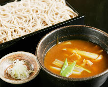 Buckwheat noodles served on a bamboo strainer