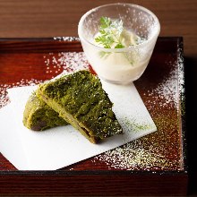 Matcha chocolate cake with vanilla ice cream