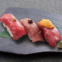 Wagyu beef nigiri sushi 3-Shu moriawase