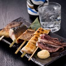 Assorted grilled and skewered dried fish