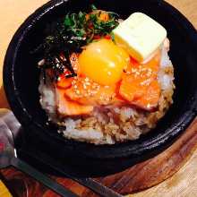 Broiled fatty salmon belly on rice