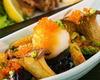 Deep-fried eggplant and king trumpet mushroom served with grated daikon radish and ponzu sauce