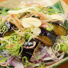 Chilled grilled eggplant topped with grated yam