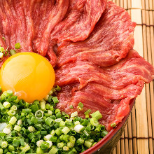 Marbled horse meat with raw egg rice bowl