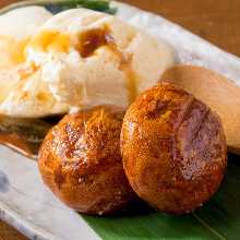 Deep-fried manju with vanilla ice cream