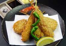 Assorted fried skewers
