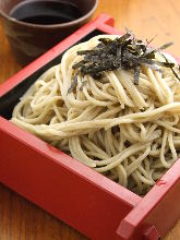 Buckwheat noodles served on a bamboo strainer