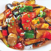 Spicy ground meat mabo sauce and eggplant rice bowl