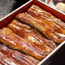 Premium eel served over rice in a lacquered box