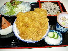 Pork cutlet rice bowl and buckwheat noodles meal