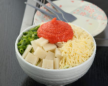 Spicy cod roe, mochi, and cheese monja