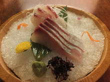 Live horse mackerel sashimi