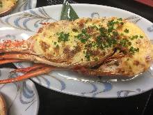 Broiled and seared lobster glazed with egg yolk soy sauce