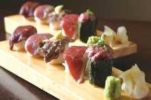 Assorted horse meat nigiri sushi
