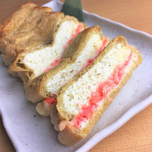 Thinly sliced deep-fried tofu with marinated cod roe and cheese
