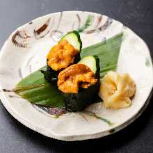 Raw sea urchin gunkan sushi rolls