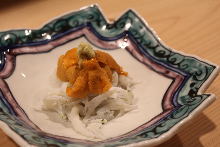 Boiled whitebait topped with sea urchin