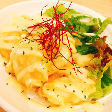 Fried shrimp dressed with mayonnaise