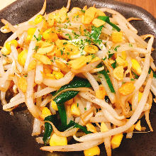 Stir-fried bean sprouts with garlic, butter, corn, and miso