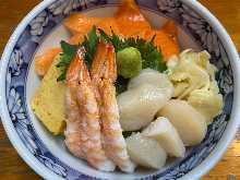 Salmon and scallops rice bowl