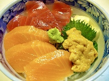 Lean tuna, salmon, and sea urchin rice bowl