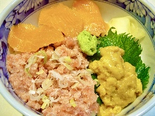 NEGITORO, salmon, and sea urchin rice bowl