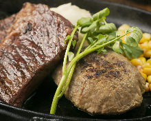 Aged steak and aged hamburger steak combination plate