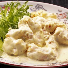 Fried shrimp dressed with mayonnaise