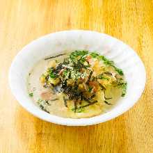 Deep-fried mozzarella cheese in broth