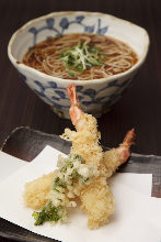 Shrimp tempura on buckwheat noodles