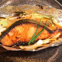 Steamed salmon and vegetables with miso sauce