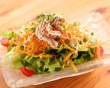 Salad topped with crispy fried noodles