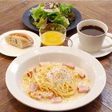 Carbonara topped with a soft-boiled egg