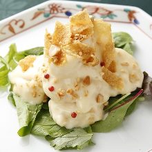 Fried shrimp dressed with mayonnaise