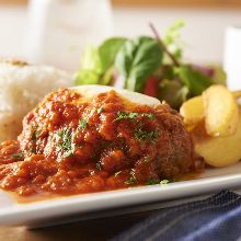 Italian hamburg steak with tomato and mozzarella cheese