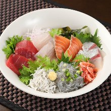 Seafood rice bowl topped with whitebait