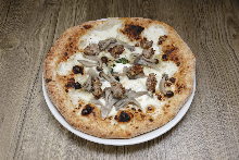 Mozzarella cheese, sausage, and mushroom pizza