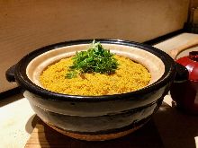 Donabe Gohan (rice in an earthen pot) (Rosy seabass,Dried mullet roe)