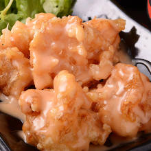 Fried shrimp dressed with mayonnaise