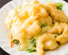 Fried shrimp dressed with mayonnaise