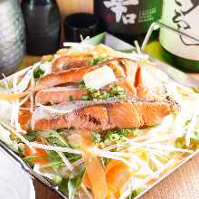 Steamed salmon and vegetables with miso sauce