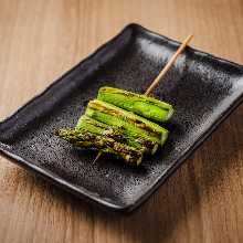 Bacon wrapped asparagus skewer