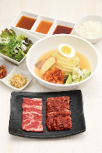 Morioka reimen (cold noodles) and yakiniku lunch set