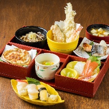 Sashimi, sushi, and tempura set meal