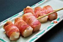 Grilled bacon and mochi skewers