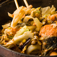 Steamed salmon and vegetables with miso sauce