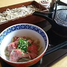 Buckwheat noodles served on a bamboo strainer