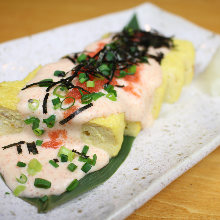 Japanese-style rolled omelet with spicy cod roe